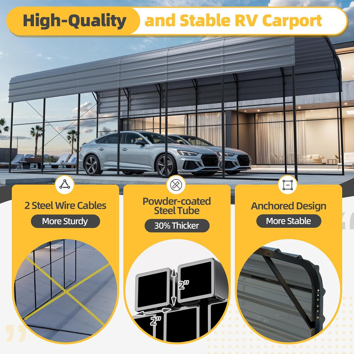 erommy 14x30x13 ft rv metal carport, heavy duty showing dimensions