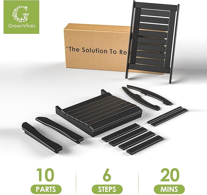 GREENVINES Outdoor Rocking Chairs | Set of 4 | Porch Rocker | HDPE Plastic | Black | Oversized Rockers | High Back | Big & Tall | Ladder Back | for Patio Outside Backyard Balcony Garden