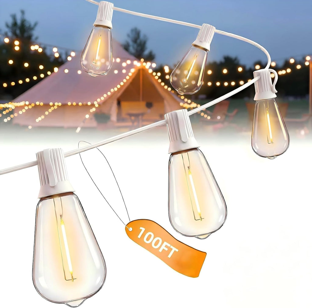 100FT Outdoor LED String Lights, White String Lights with 50 Shatterproof ST35 LED Vintage Edison Bulbs, Waterproof Hanging Patio Lights for Outside Backyard Garden