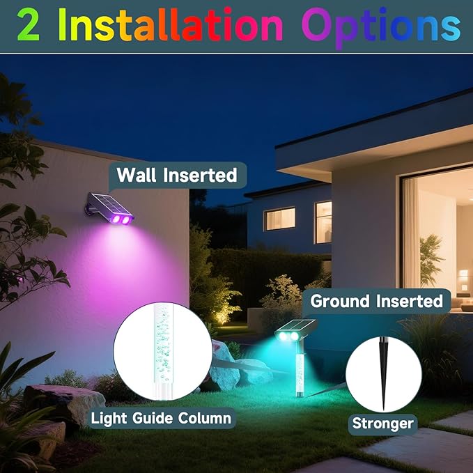 RGB Solar Spot Lights : 2 IN 1 Solar Lights Outdoor with 8 Lighting Modes & PC Light Guide Column for Tree Garden Yard Pathway | RGB Color Changing Landscape Lights | IP65 Waterproof | 4 Pack