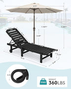 SERWALL Outdoor Chaise Lounge Set of 2 with 9FT Umbrella, HDPE Pool Lounge Chair with 5-Position Adjustable Backrest, Patio Lounger with Rolling Wheels & Cup Holder for Pool, Black