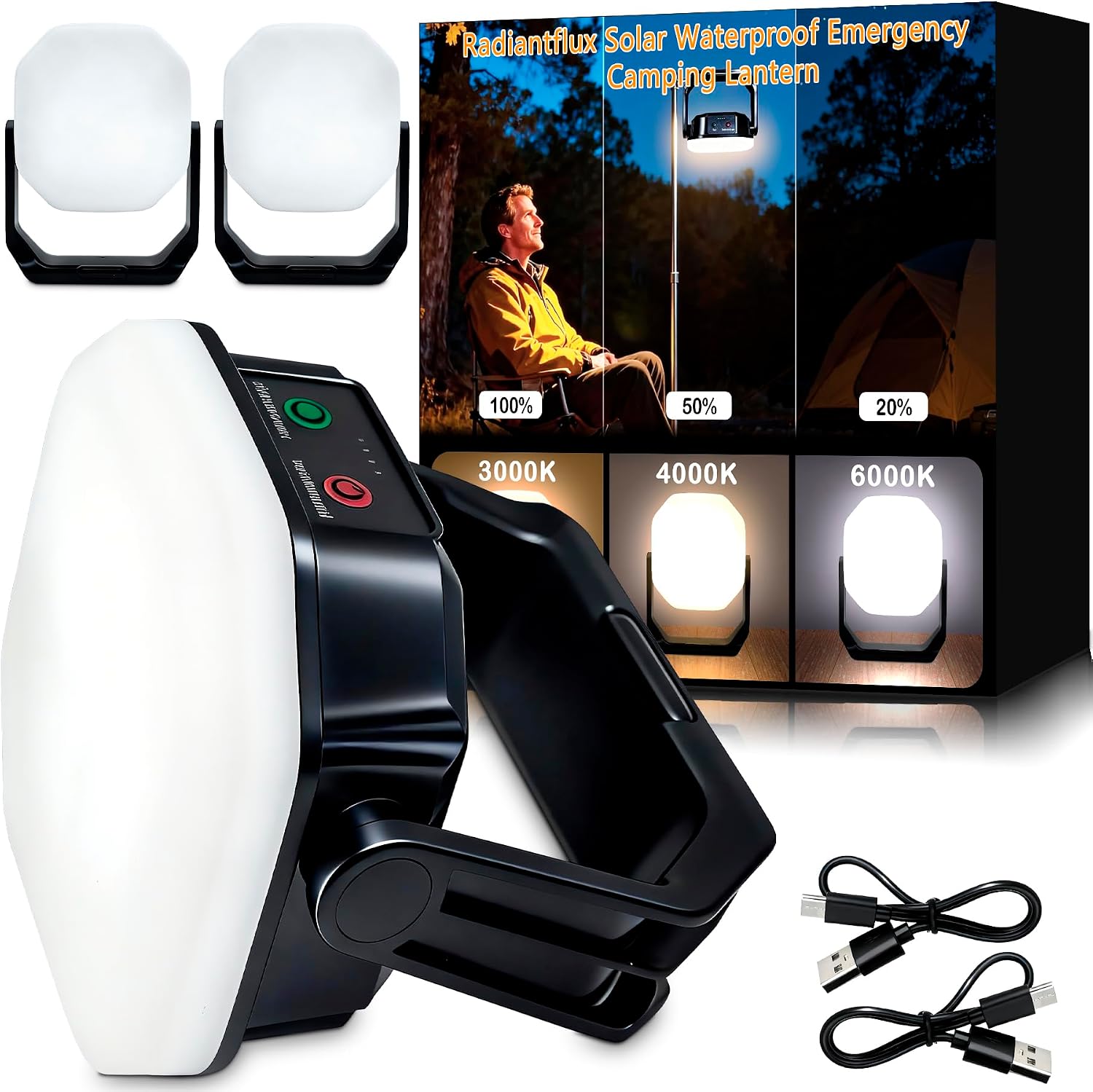 2000LM Battery Powered LED Camping Lantern, Waterproof Tent Light with 4 Light Modes, Camping Essentials, Portable Lantern Flashlight for Camping, Emergency Light, Power Outages (Black, 2set)