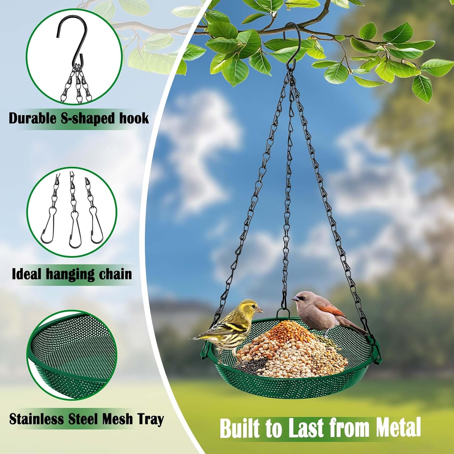 Hanging Platform Bird Feeder, 9 in, Green | Stainless Steel Mesh Tray, For Small Birds, Garden & Patio