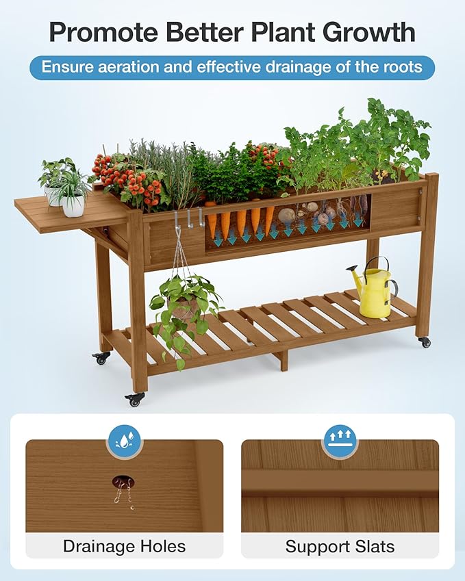YEFU Raised Garden Bed with Legs: 57x18x30in Elevated Poly Planter with Wheels,Waterproof Mobile Raised Bed Garden, Elevated Planter Box Stand with Storage Shelf,for Herb,Carrot,Tomato (Teak,2pcs)