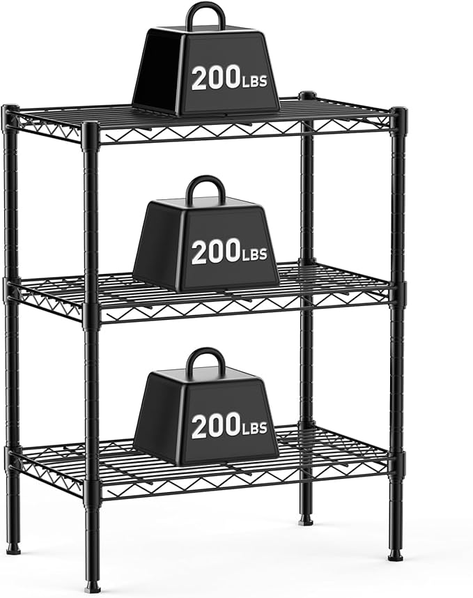 DUMOS 3-Tier Metal Wire Storage Shelves, Adjustable Standing Storage Rack Shelf, Heavy Duty Steel Shelving Unit Organizers for Kitchen Bathroom Pantry Garage, 23.2" W×13.4" D×30.3" H, Black