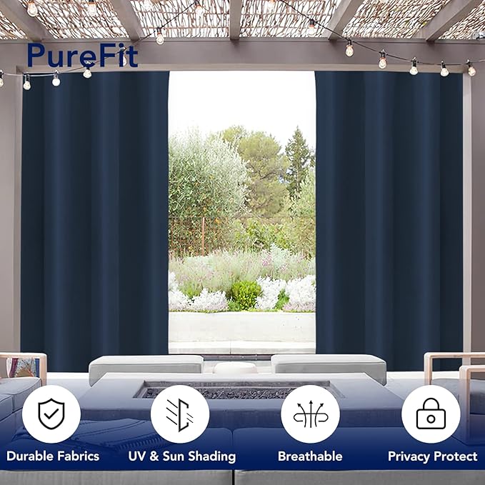 PureFit Outdoor Curtains for Patio Waterproof Weatherproof, UV Resistant Outside Curtains for Gazebo, Front Porch, Pergola, Sun Blocking Privacy Curtain, 52W x 108L inch, 1 Panel, Navy Blue