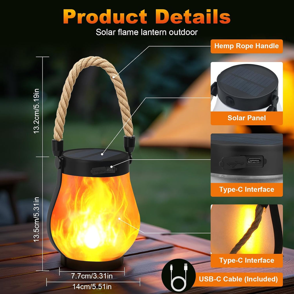 Solar Lanterns Outdoor 2-Pack with Ultra-Real Flame Lights, Dual Charging (USB/Solar), 2 Modes & Outdoor Waterproof Design — Decorative Hanging/Table Lights for Yard, Patio, Garden
