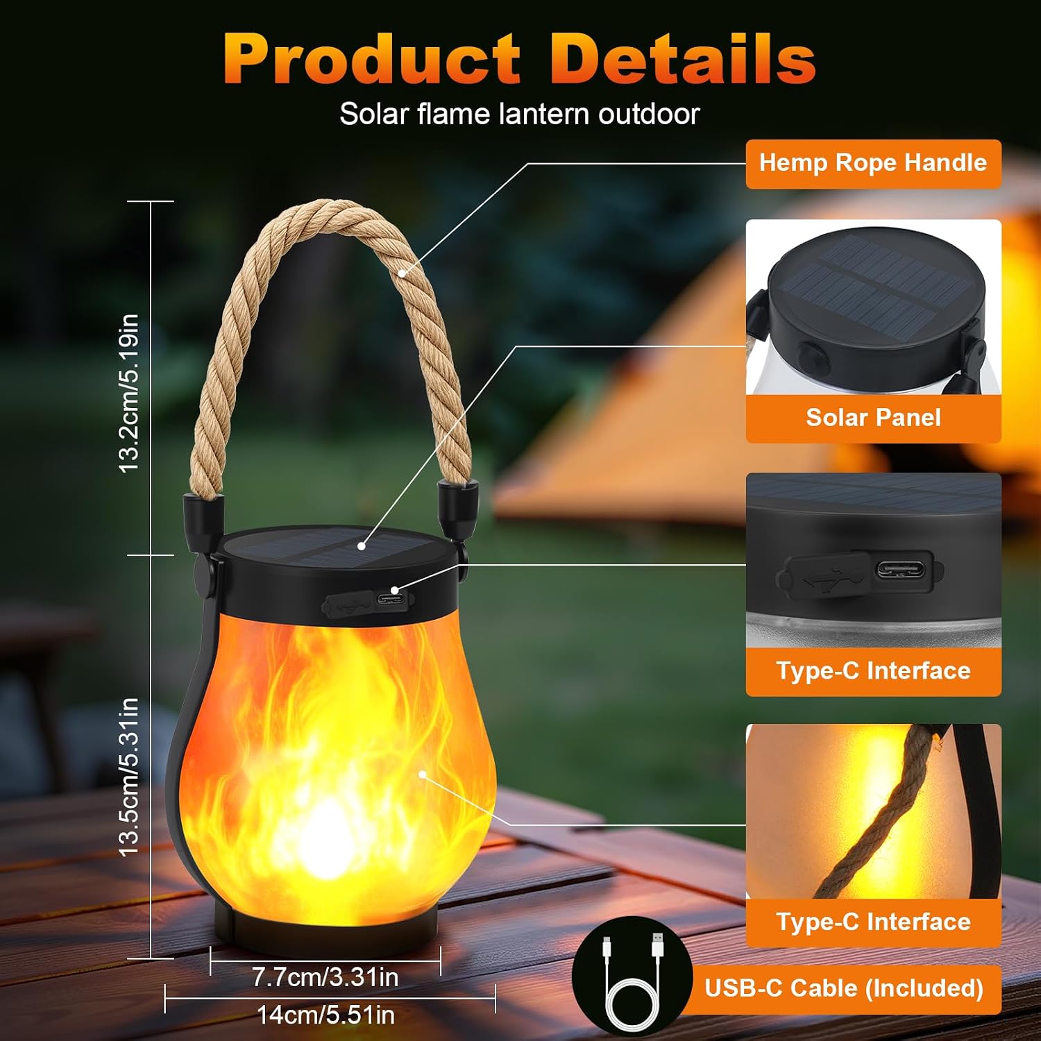 Solar Lanterns Outdoor 2-Pack with Ultra-Real Flame Lights, Dual Charging (USB/Solar), 2 Modes & Outdoor Waterproof Design — Decorative Hanging/Table Lights for Yard, Patio, Garden