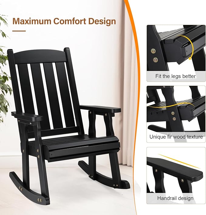 VINGLI Outdoor Rocking Chair Set of 2, Heavy Duty 600 LBS Wooden Rocking Chair with Comfortable Backrest, Weatherproof Rocker with Ergonomic Design, Suit for Patio, Garden, Yard, Black