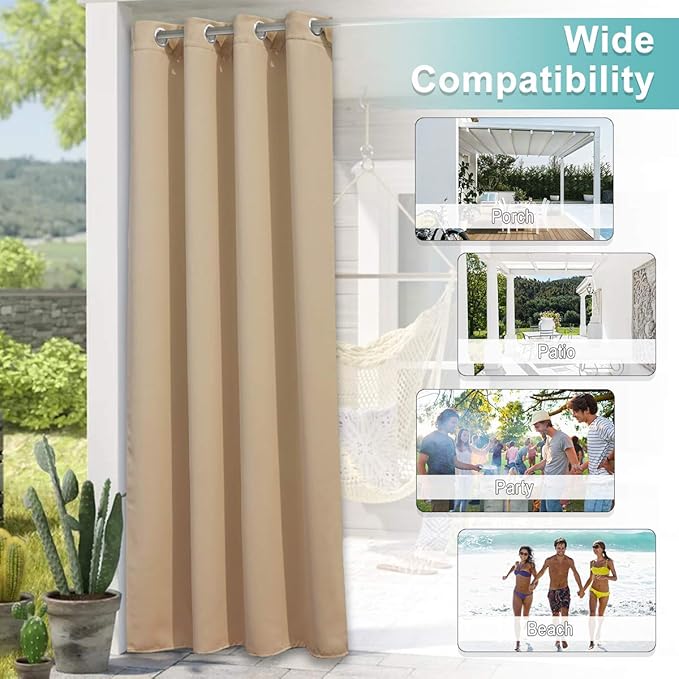 NICETOWN Outdoor Patio Curtains Waterproof Set of 2, Rustproof Stainless Steel Grommet Porch Decor Thermal Insulated for Outdoor Open-air Film/Pool, Biscotti Beige, W52 x L72 Inch