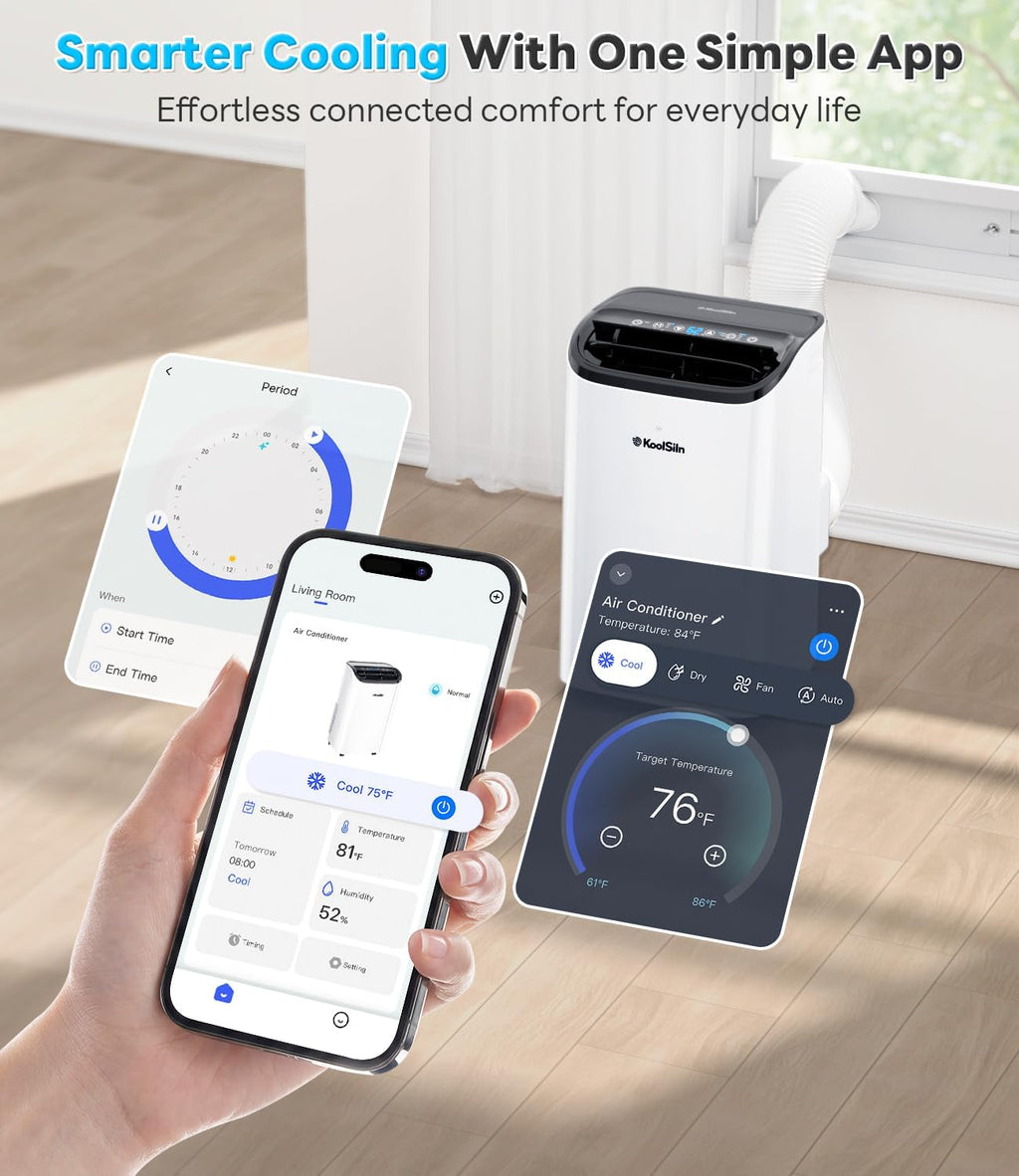 14,000 btu portable air conditioner with wifi & showing dimensions