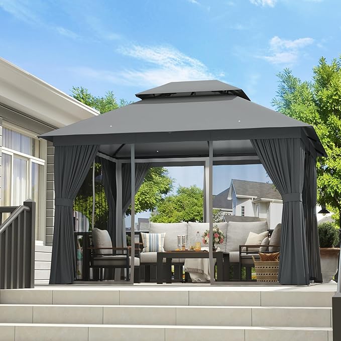 Aoxun Outdoor Gazebo for Patio 10x12, Metal Frame Canopy with Double Roofs, Heavy Duty Party Tent and Shelter with Mosquito Netting and Privacy Screen for Backyard, Lawn, Garden, Deck