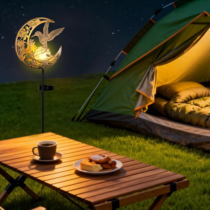 Solar Hummingbird Lights Outdoor Decor - Moon & Bird SolaGardenLights Waterproof, Auto On/Off Pathway Lighting for Yard/Lawn/Patio, Handcrafted Metal Solar-Stake-Lights for Outside Decorations