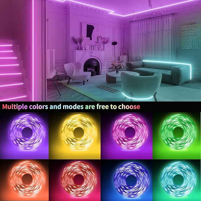 KSIPZE Led Lights for Bedroom 50ft Led Strip Lights with Remote RGB Color Changing Music Sync Smart App Control for Room Bedroom Lighting Flexible Home Décor