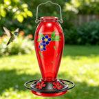 24 OZ Hummingbird Feeder for Outdoors Hanging, | Heavy-Duty Thick Glass With Floral Decals, Leak-Resistant Metal Base, 5 Feeding Ports & Perch