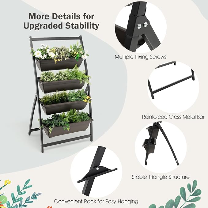Giantex 4.1FT Vertical Raised Garden Bed, 4-Tier Elevated Planter Box w/4 Containers & Drainage Holes, Indoor Outdoor Freestanding Planter for Vegetables, Herbs, Flowers, Heavy-Duty Metal Frame