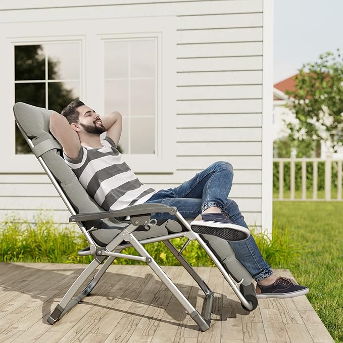 UDPATIO Oversized Zero Gravity Chair Set of 2, 33In XXL Patio Reclining Chair with Cushion, Outdoor Folding Recliner with Pillows|Cup Holder|Foot Rest|Padded Headrest, Grey, Support 500LB