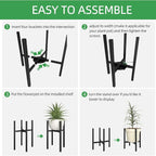 Adjustable Metal Plant Stand Indoor, Mid Century Modern Outdoor Planter Holder for 9 to 15 Inch Pots, Heavy Duty 160 LB Load, Corner Floor Stand for Home Garden Decor Black with Round Plate