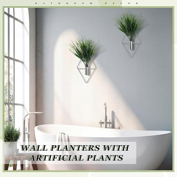 4 Pieces Silver Wall Decor Hanging Planters with Artificial Plants Metal Vase Indoor Aquatic Plant Holder Modern Geometric Wall Art for Home Bathroom Bedroom Living Room Office