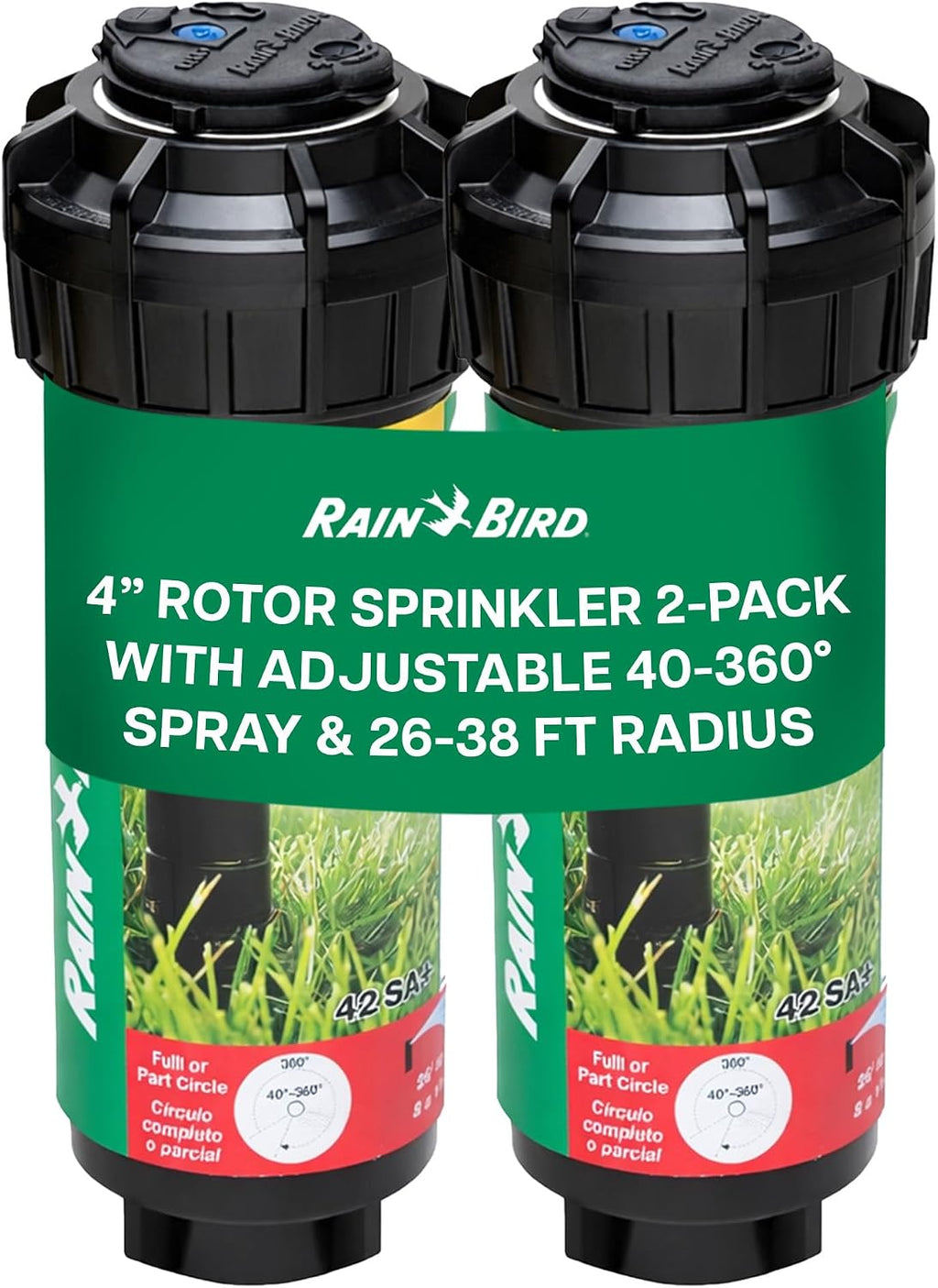 Rain Bird 42SA+ Heavy Duty Simple Adjust Gear Driven Rotor Sprinkler Head, 2 Pack - 3/4 inch Inlet - Water Efficient 4 inch Pop Up Lawn Sprinkler, Adjustable 40-360 Degree Arc and 26-38 ft Radius | Heavy Duty 3/4 inch Inlet - Water Efficient 4 inch Pop