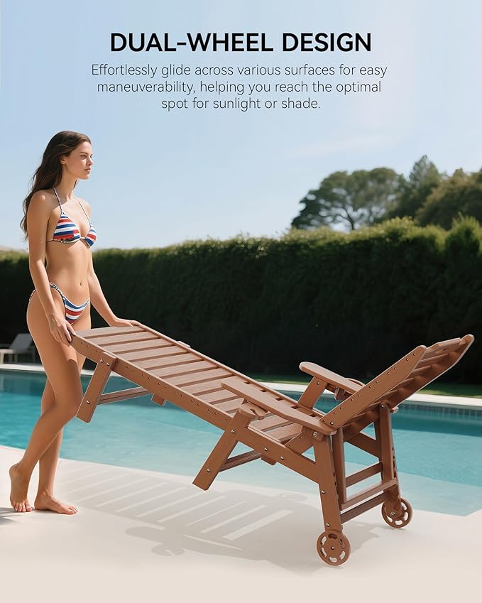 Carauci Lounge Chair Outdoor, HDPE Chaise Lounge with Wheels, 5-Position Adjustable Backrest & 2 Cup Holders Patio Lounge Chair, All-Weather Pool Sun Lounger for Poolside, Backyard, Teak