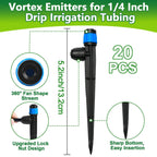 20 Pieces Drip Irrigation Emitters, Adjustable 360 Degree Drip Vortex Emitters on 5" with Stake for 1/4" Drip Irrigation Tubing Irrigation Fan Shape Drippers for Garden Watering System