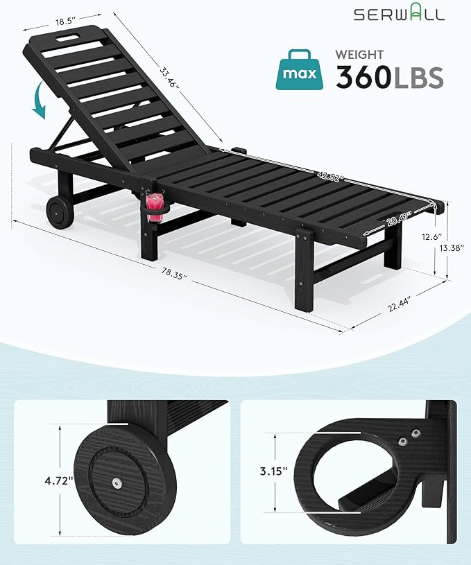 SERWALL Patio Chaise Lounge Chair Set of 4, HDPE Outdoor Lounge Chair with Cup Holder, 5 Positions Adjustable Poly Lounger with Rolling Wheels for Poolside, Deck, Sunbathing, Black