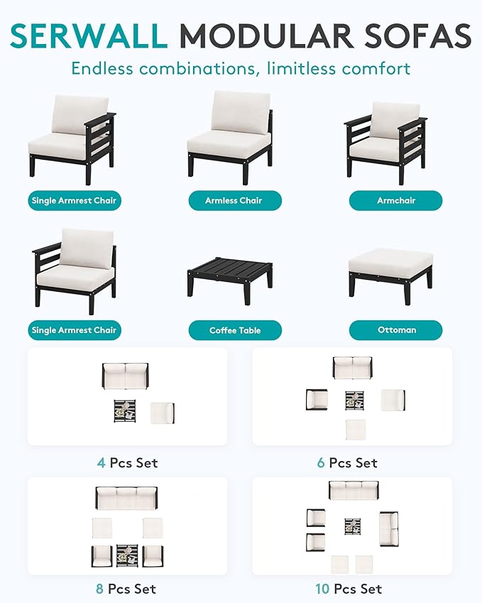 SERWALL HDPE Patio Furniture Set, 2 Pieces Outdoor Sectional Sofa Set, All-Weather Wood-Like Outdoor Sofa Couch with Coffee Table for Deck, Lawn, Black Frame with Khaki Cushion