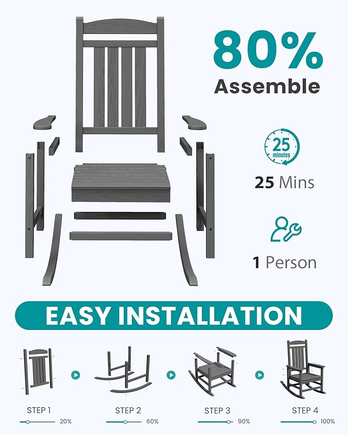 SERWALL Outdoor Rocking Chair, HDPE Patio Rocking Chair All-Weather Porch Rocker for Balcony, Yard, Dark Gray