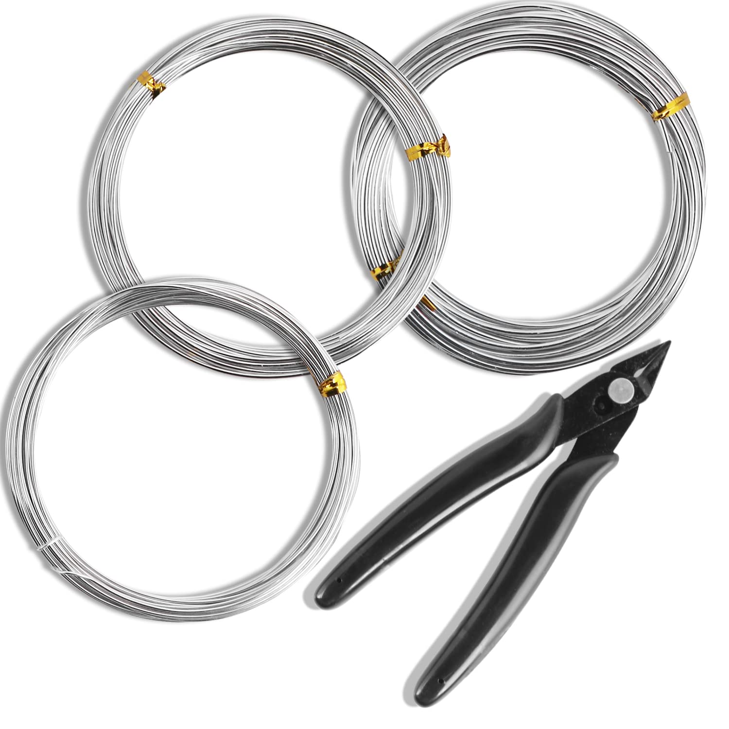Sanlykate Bonsai Wire Tool Kit with Cutter, 3 Roll Tree Training Wires 98 Feet Total, 1.0mm, 1.5mm, 2.0mm Anodized Aluminum Wire Set, Hold Plant Branches Trunks - Silver
