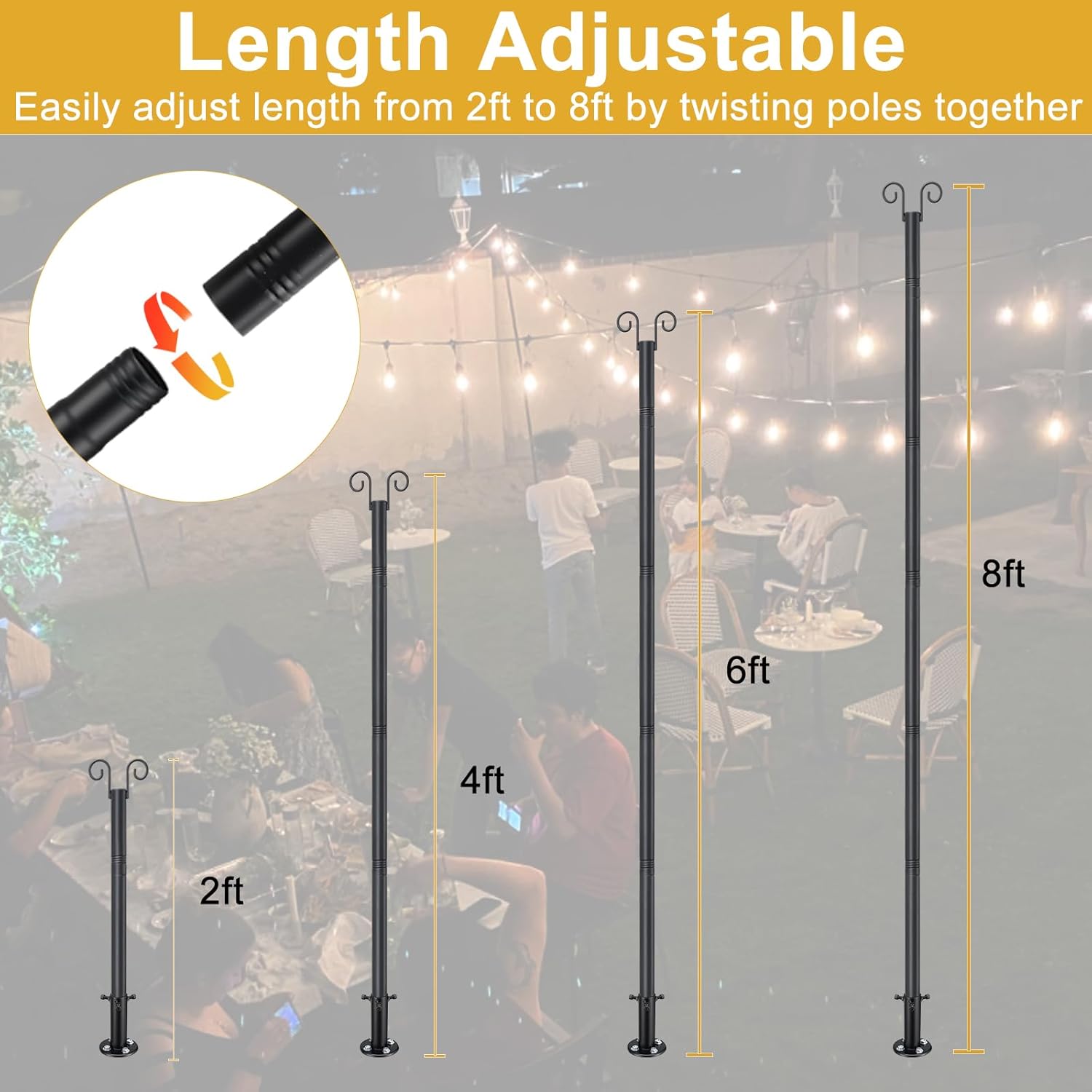 String Light Poles for Outside Deck 2 Pack 8FTHeavy Duty Metal Garden Outdoor Light Poles for Solar String Light Bulbs Hanging Kit for Yard Garden Fence Post Deck Party Wedding