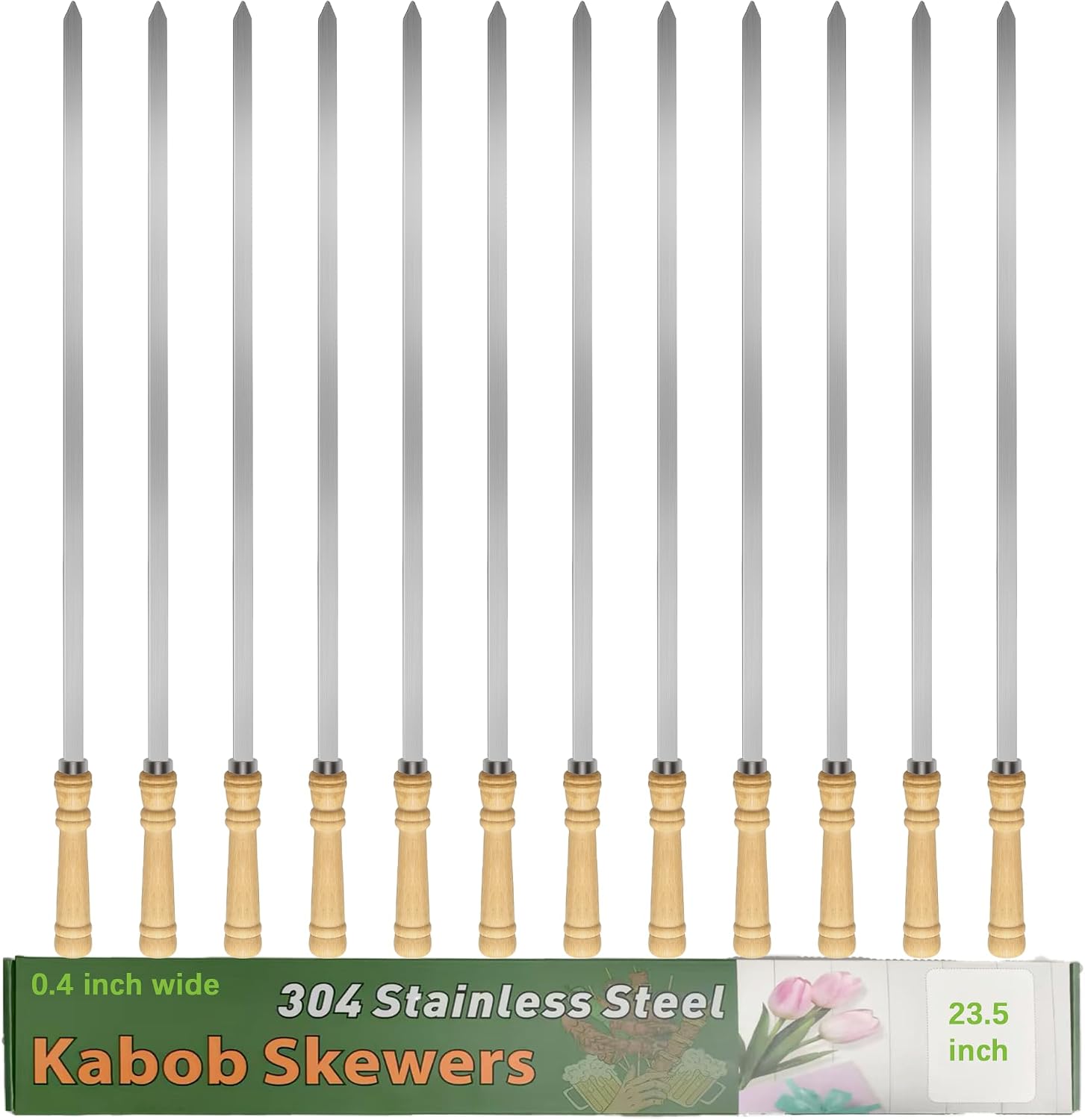 23.5" Large Skewers for Grilling,304 Stainless Steel 0.4 inch Wide Kabob Skewers with Wooden Handle,Heavy-Duty Flat Metal Kebab Skewer,BBQ Barbecue Skewer Reusable for Outdoor Grill-12PCS