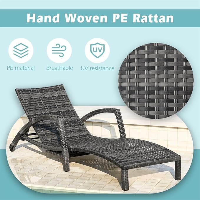 Chaise Lounge Chairs Outdoor Set of 4, Comfy Outside Wicker Patio Pool Lounge Chair w/ 5 Adjustable Back Angle, Cup Holder, Thicken Cushion