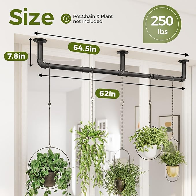Bamworld Window Plant Hanger Indoor 63in Hanging Planters for Indoor Plants Hanging Plants Holder Hanging Rod Window Plant Shelves Wall Planters Pot/Chain/Plant Not Included(Black)