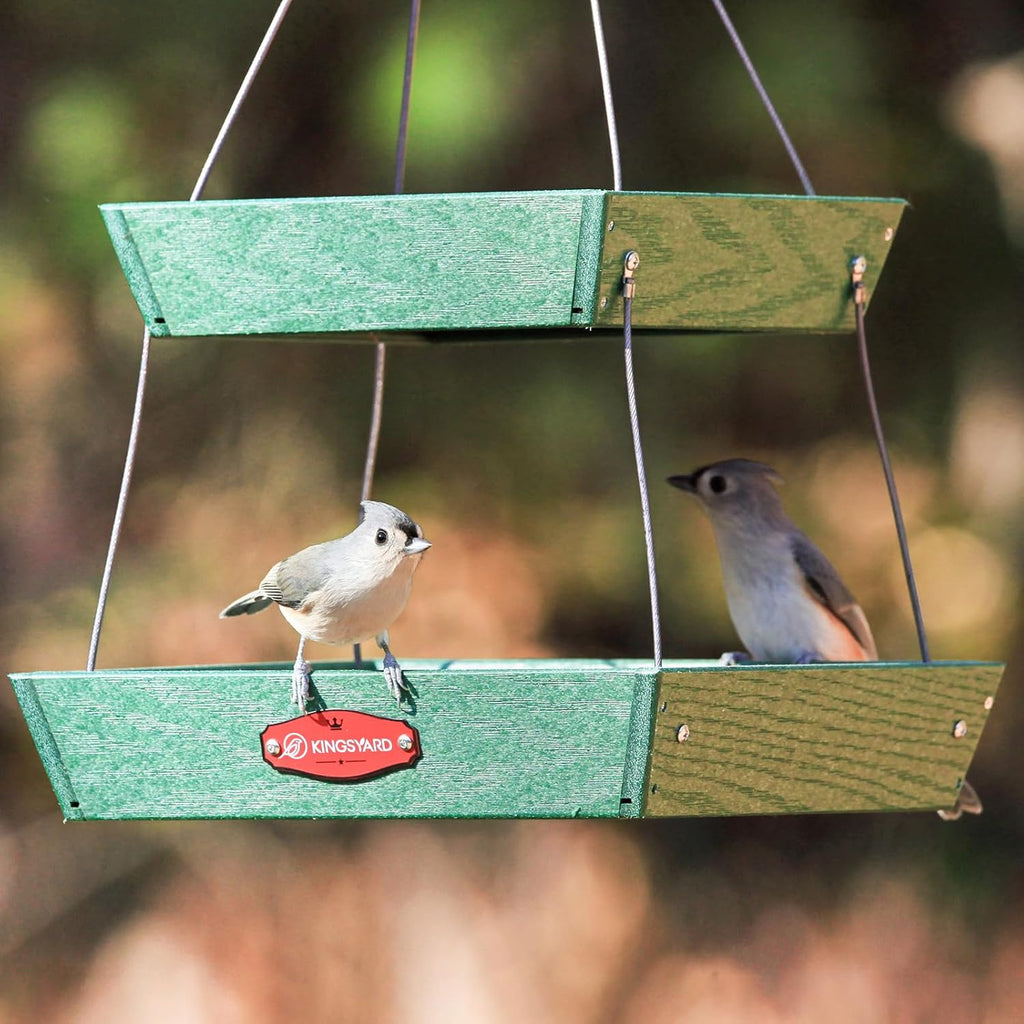 Kingsyard 2 Tier Large Platform Bird Feeder for Outdoors Hanging | Large Recycled Poly Lumber Tray, 5 Lbs Capacity, Garden Decoration Attracts Cardinal Bluebird Goldfinch, Green