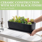 MyGift 14 Inch Ceramic Indoor Plant Pot, Rectangular Succulent Planter, Decorative Flower Planter with Drainage Hole and Removable Tray, Matte Black
