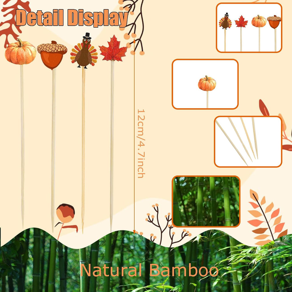 100pcs Fall Thanksgiving Cocktail Picks Pumpkins Maple Leaves Decorative Toothpicks for Appetizers Autumn 4.7 IN Bamboo Skewers Sticks for Fall Decorations Party Supplies(Turkey)