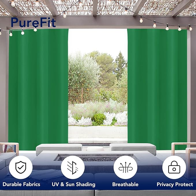 PureFit Outdoor Curtains for Patio Waterproof Weatherproof, UV Resistant Outside Curtains for Gazebo, Front Porch, Pergola, Sun Blocking Privacy Curtain, 52W x 120L inch, 1 Panel, Green