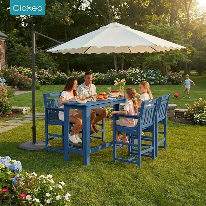 Ciokea 3 Pcs Outdoor Bar Height Table Set, 60" Extra Long Rectangle High Top Table and 2 Oversized Adirondack Chairs, Heavy-Duty All-Weather HDPE Patio Bar Set for Backyard Balcony Deck, Navy Blue