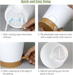 4 inch Self Watering Pots for Indoor Outdoor Plants, 6 Pack Plastic Flower Planters with Drainage Holes and Removable Saucers, Plant Pots with Wicking Rope, Modern Decor, White Brown