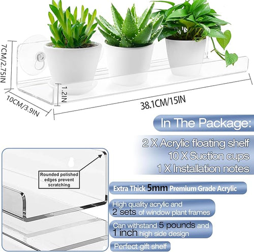 2-Pack 15 Inch Acrylic Window Boxes Plant Shelves, with Suction Cup Window Sill Extender, for Indoor/Outdoor Succulents, Micro Greens, Seed Starter Pots, Herb Planters