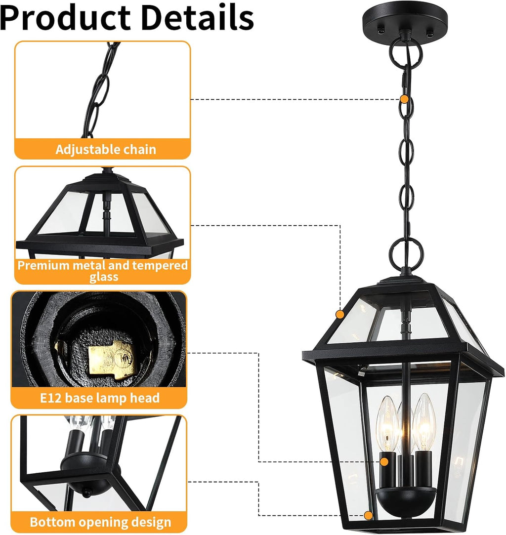 Modern 3-Light Large Outdoor Pendant Light, Matte Black, 1Pack | Exterior Hanging Light Fixture, IP65 Waterproof Anti-Rust, Outdoor Chandelier for Porch, Front Door, Balcony, Sloped Ceiling