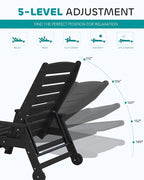 SERWALL Patio Chaise Lounge Chair Set of 2, 78'' Long 5-Positions Adjustable HDPE Outdoor Lounger for Pool, Poly Lounge Chair with Rolling Wheels & Cup Holder for Poolside, Deck, Black