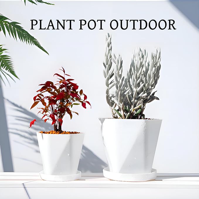 InmeRun Plant Pots Indoor Plastic Flower Pots Outdoor 5 inch Set of 6 Pack with Drainage Holes and Saucers for Garden Pots (5in 6 White)