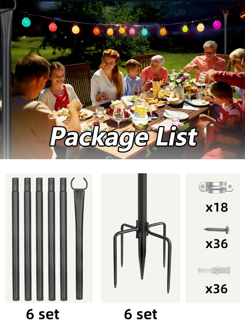 String Light Poles for Outside, 6 Pack 10 ft Adjustable Light Poles | Heavy Duty, Weather Resistant, 5 Prong Stable Base, Ground & Fence Mount, Fence Clips Included, For Patio Garden Porch Decor