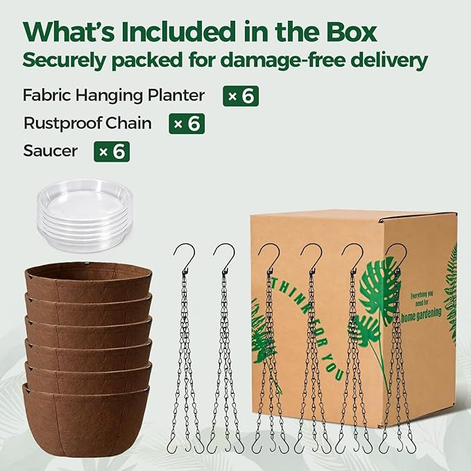 T4U Hanging Planters for Outdoor Plants, 10 Inch 6 Pack Fabric Hanging Baskets with Drainage Tray, Decorative Hanging Pots for Plants Outdoor Patio Porch Garden Use（Brown）