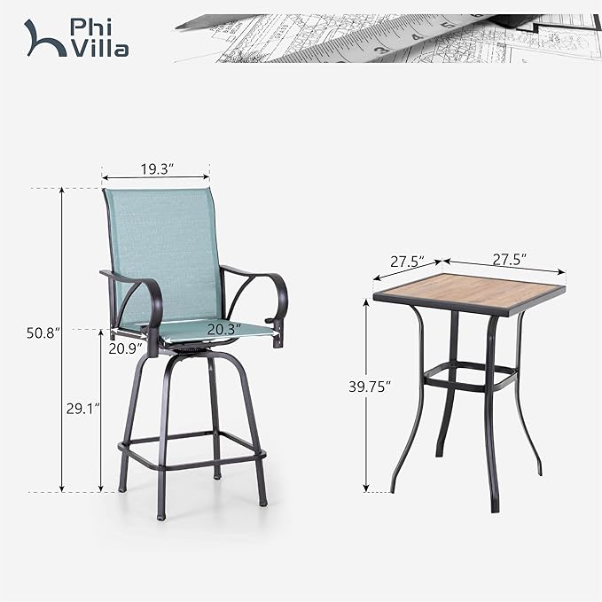 PHI VILLA Outdoor Patio Swivel Bar Set of 3, Jacquard Lake Blue Textilene Furniture Bistro Set with 2 Outdoor Bar Stools and Square Patio Bar Table for Garden Lawn Yard