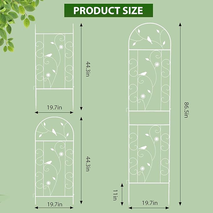 Metal Garden Trellis for Climbing Plants, 2 Pack 86.5" x 19.7" White Plant Trellis Outdoor, Clematis Rrellis Outdoor, Arched Decoration Suitable for lawns, Gard, White