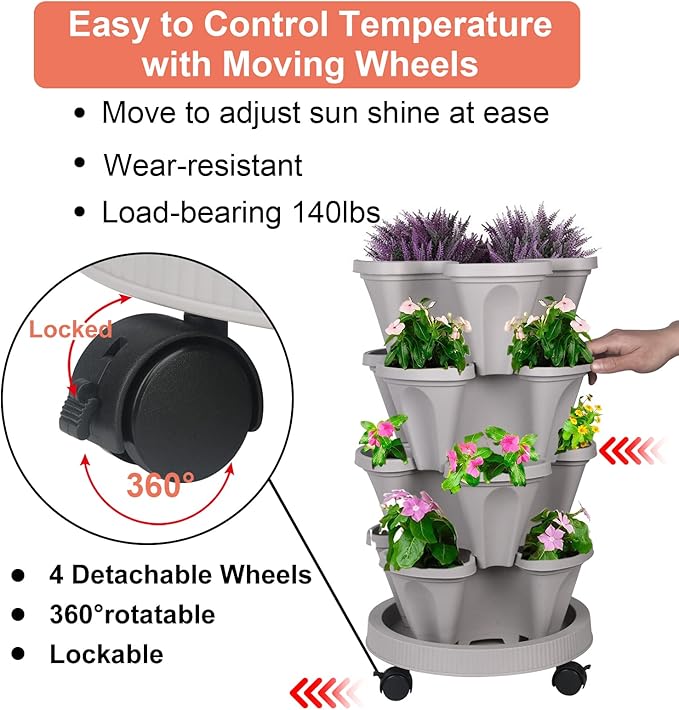 DUNCHATY Stackable Planter, Vertical Garden Planter with Wheels and Tools, Self Watering Strawberry Planter Indoor/Outdoor 4 Tier Herb Planter Pots for Growing Vegetables and Succulents,Gray