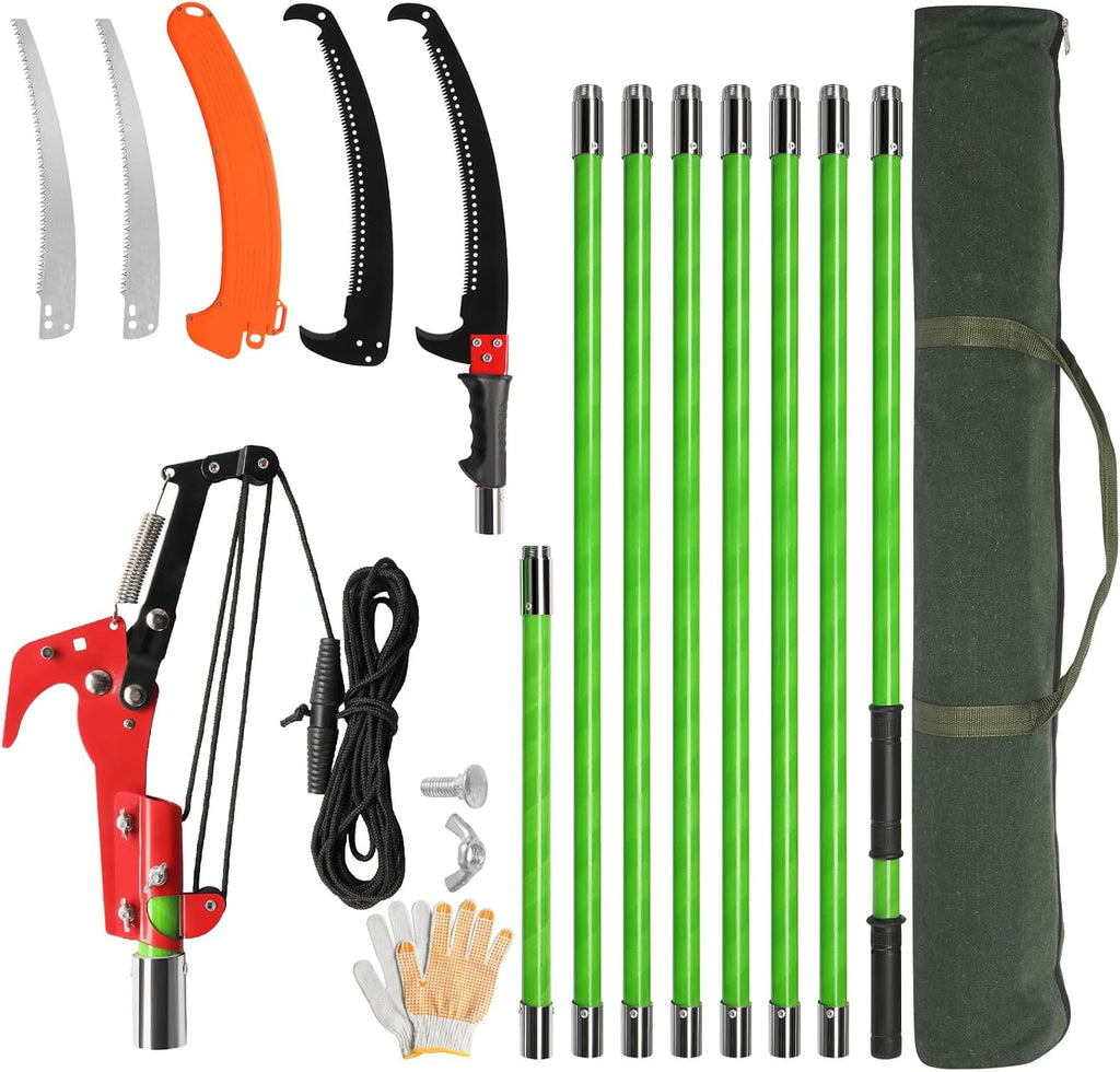 VINGLI 26FT Manual Pole Saw for Tree Trimming, Extendable Tree Pruner, Sharp Steel Blade and Scissors, High Tree Branch Cutter with Lightweight 8 Fiberglass Long Handles, for Pruning Palms and Shrubs